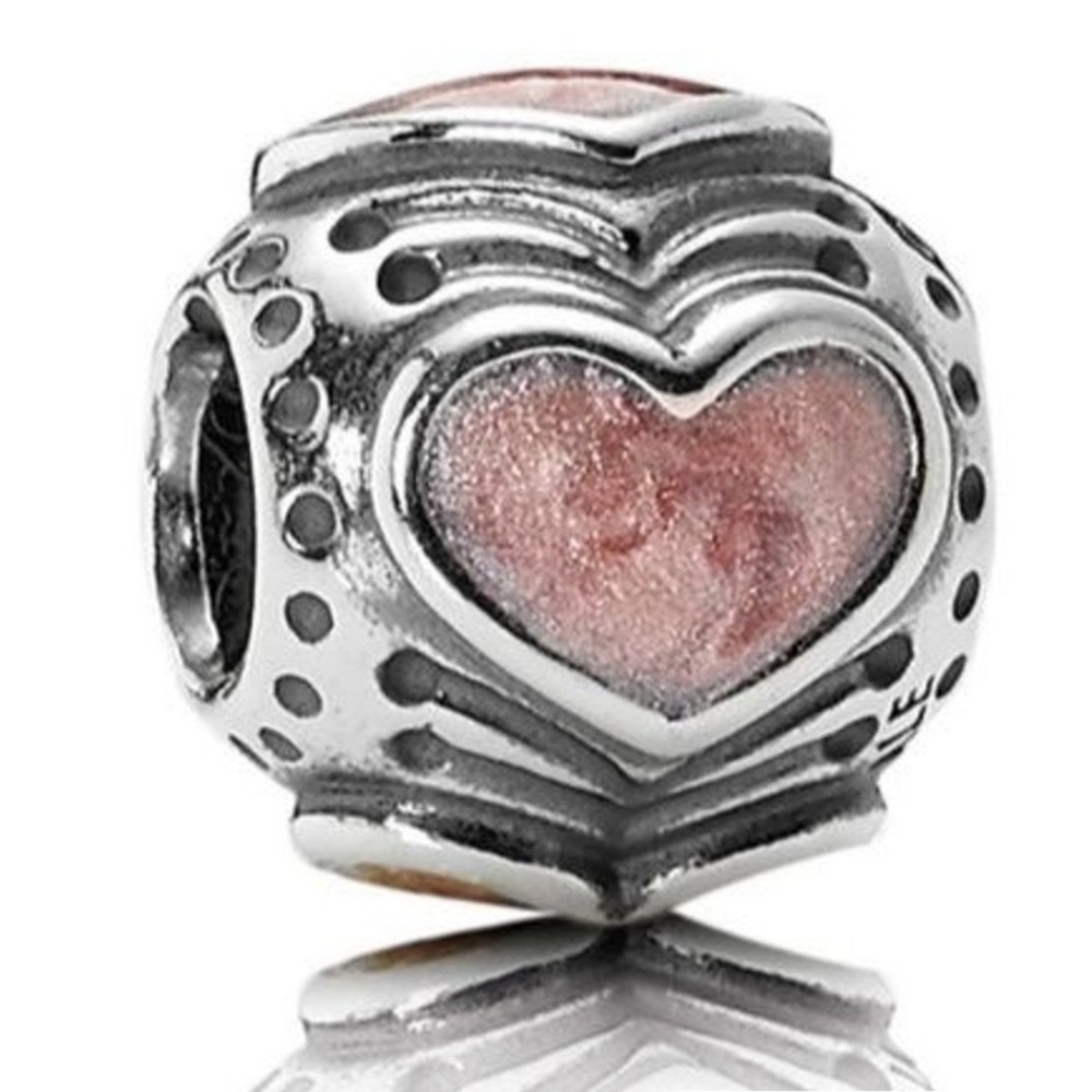 Retired Pandora Pink Rose Enamel Heart Bead Charm Sterling Silver 925 EUC